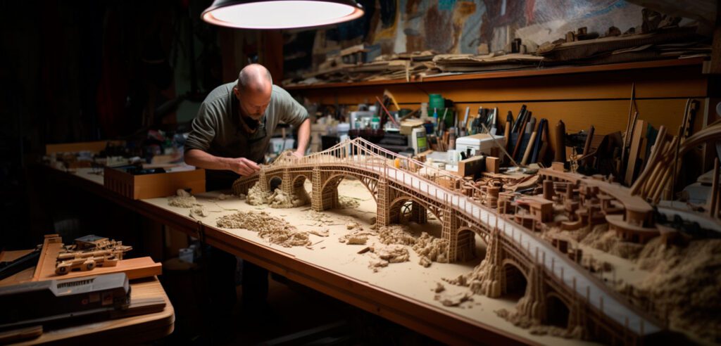 maquetista trabajando con la maqueta de un puente