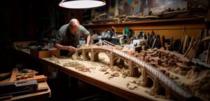 maquetista trabajando con la maqueta de un puente