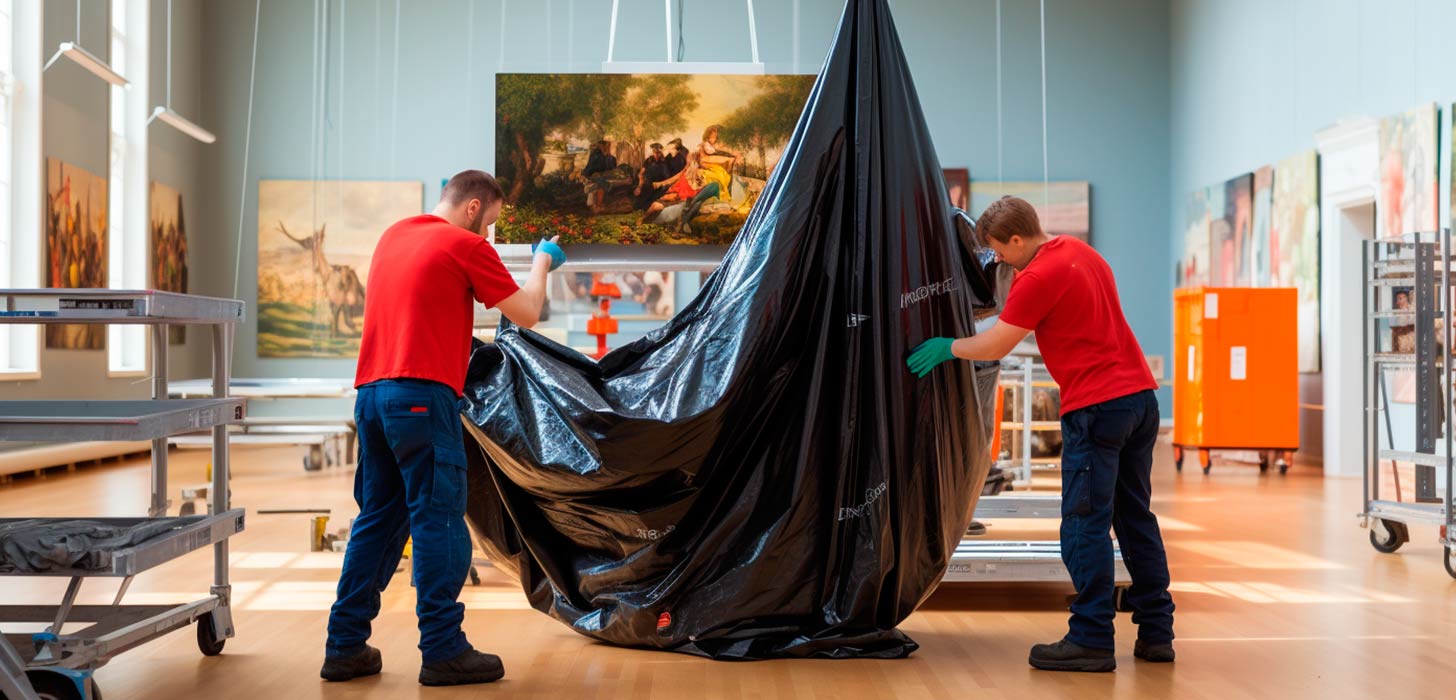 Dos operarios montando una exposición