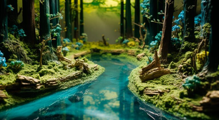 Maqueta de bosque con un río
