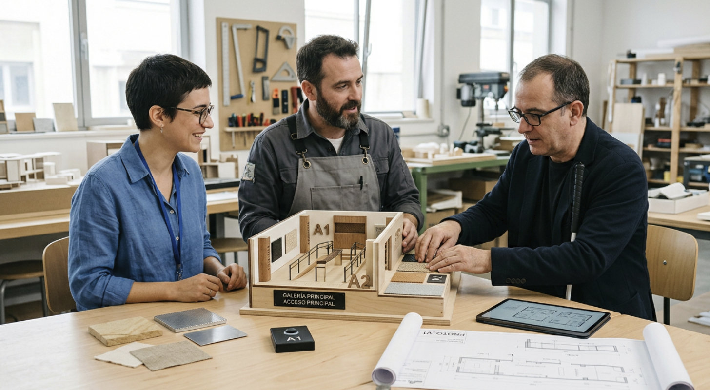 Una persona invidente testeando partes de una maqueta accesible en un taller de maquetas