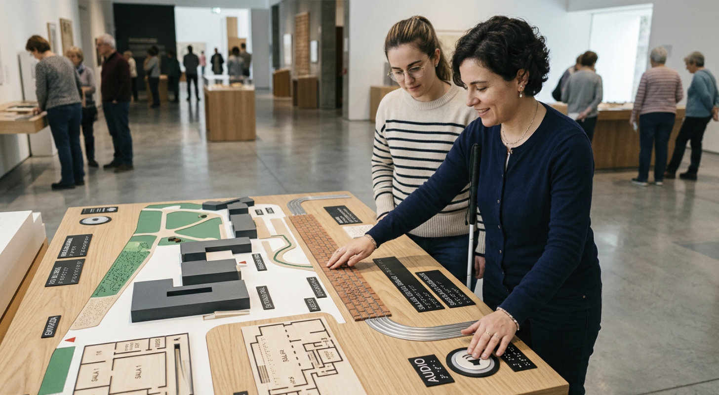 Dos chicas probando una maqueta accesible mientras otra evalúa la validez de las soluciones usadas