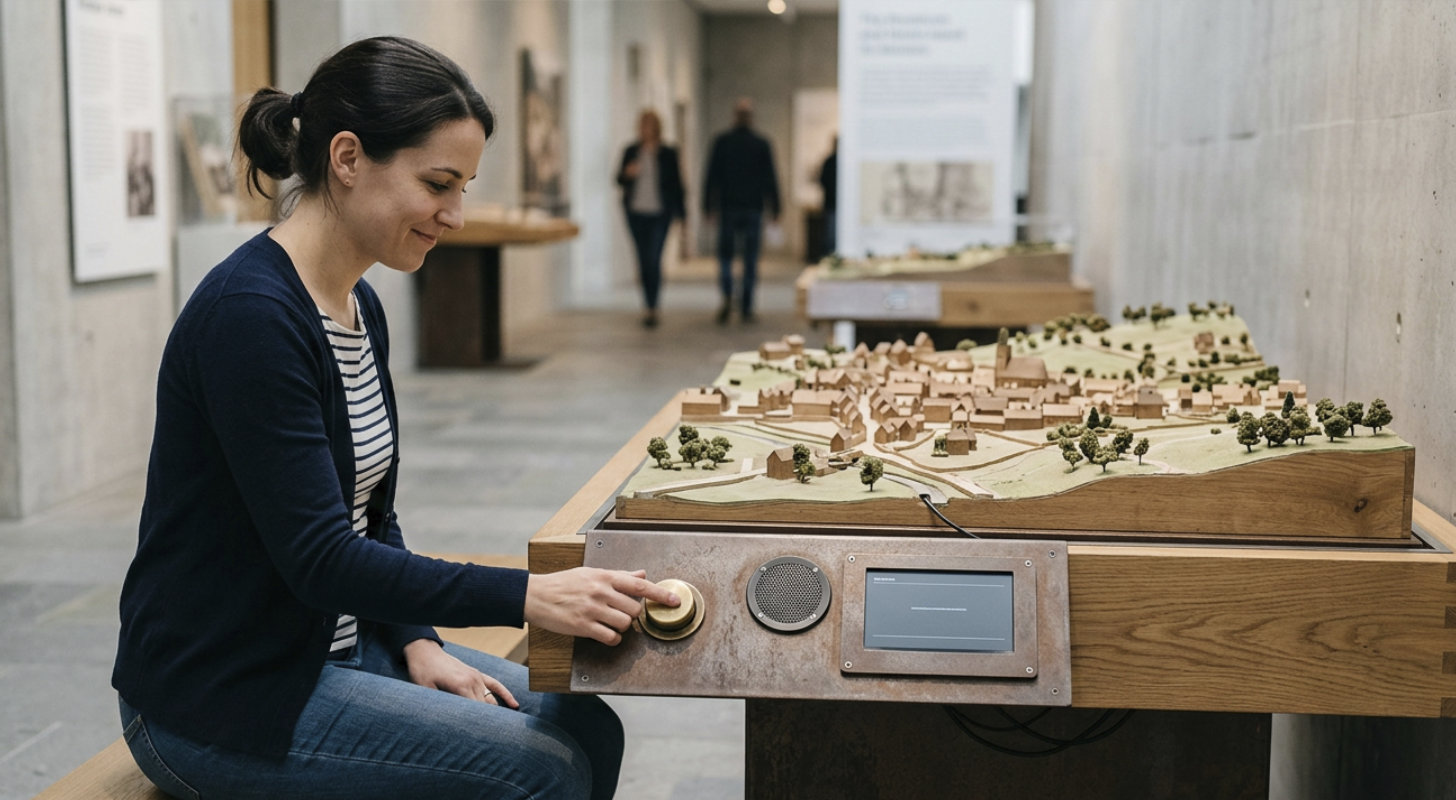Una persona pulsando un pulsador de una maqueta interactiva accesible