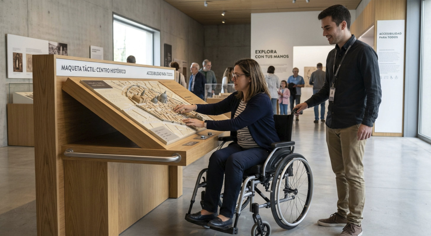Una persona en silla de ruedas usando una maqueta accesible