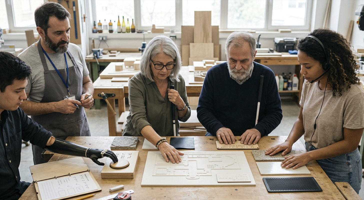 Dos personas invidentes desarrollando junto al equipo de maquetistas texturas para una maqueta accesible